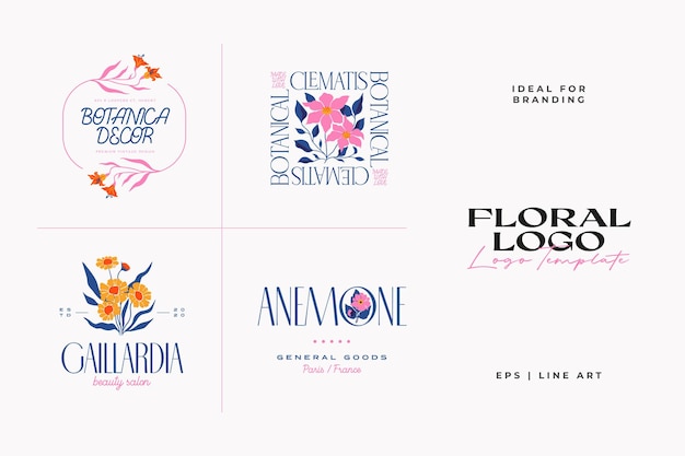 Flores abstractas signos vectoriales o plantillas de logotipos ilustración floral retro con tipografía elegante