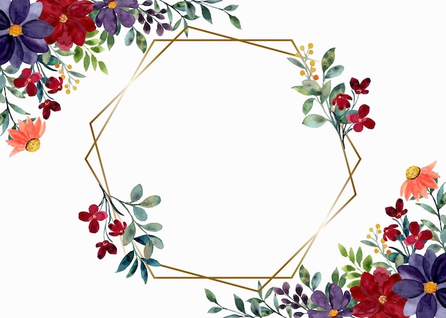 Flores de acuarela de colores con marco geométrico
