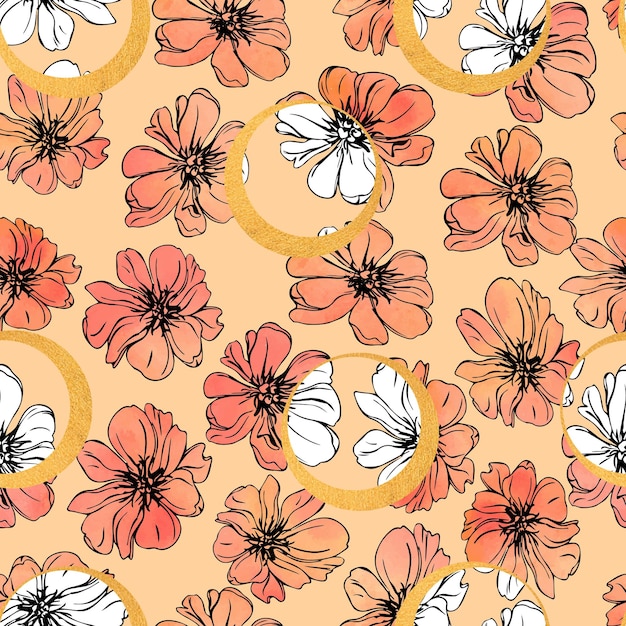 Flores de acuarela con flores blancas y negras en círculos dorados vector botánico de patrones sin fisuras