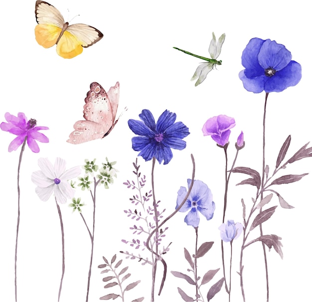Flores de acuarela y mariposa Ilustración pintada a mano aislada sobre fondo blanco