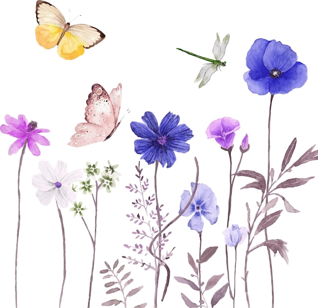 Vector flores de acuarela y mariposa ilustración pintada a mano aislada sobre fondo blanco