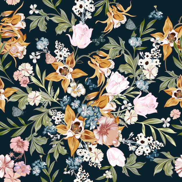 Flores de acuarela de patrones sin fisuras de vector de moda hojas en la espalda azul marino