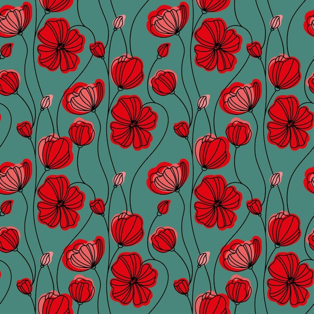 Flores de amapolas rojasPatrón sin costuras sobre fondo verdeTextura floralIlustración vectorial