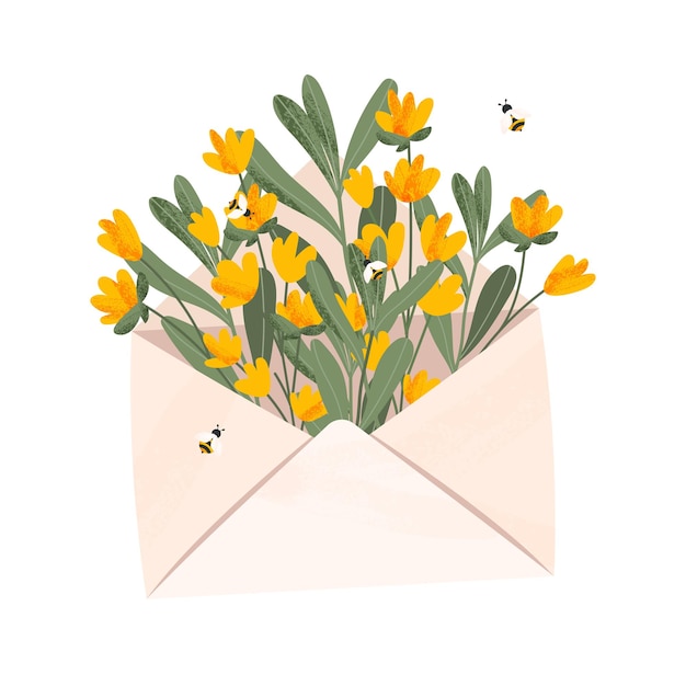 Vector flores amarillas abejas sobre plantas ilustración vectorial de un sobre con flores