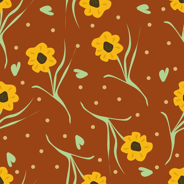 flores amarillas en un fondo marrón con puntos y puntos