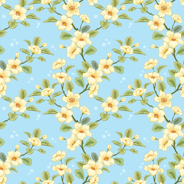 Flores amarillas sobre fondo azul para textiles, tela, tela de algodón, cubierta, papel pintado,
