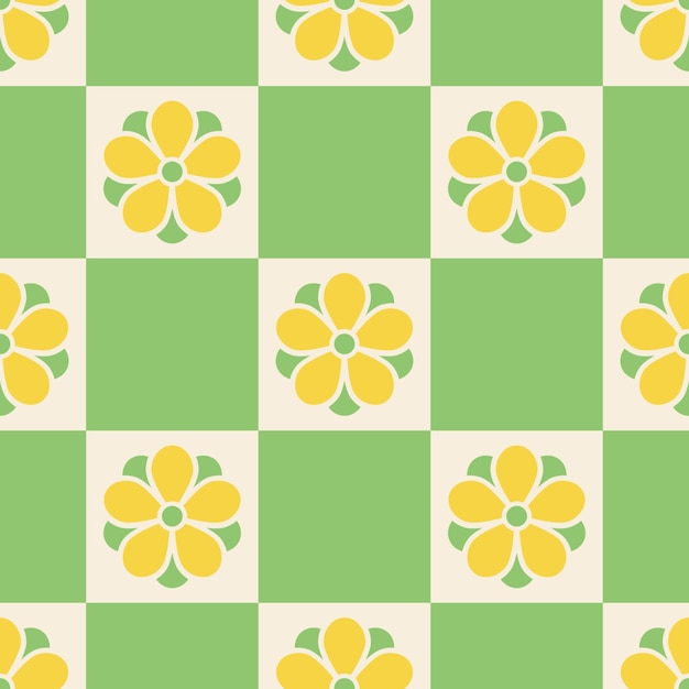 Flores amarillas y verdes en fondo a cuadros patrón sin costuras vectorial en colores pastel retro suaves