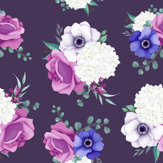Flores de anémona de amapola floral botánica y diseño de patrones sin fisuras de rosa