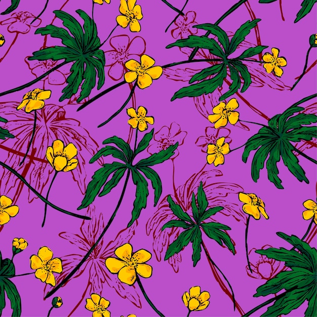 Flores de anémona de ranúnculo, papel pintado decorativo de plantas silvestres. Patrón transparente de vector dibujado a mano. Adorno botánico vintage. Diseño para envoltura, textil, tela, fondo.