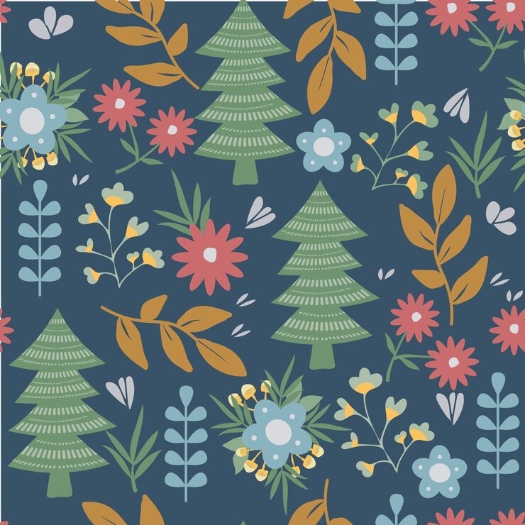 Flores y árboles en el fondo de la Navidad. Patrón de la naturaleza moderna. elementos nórdicos