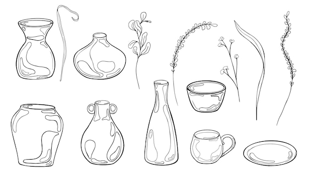 Flores y artículos de cerámica en conjunto Ilustración vectorial en blanco y negro Silueta de tinta de jarro y olla dibujada a mano Arreglos florales Tallo de plantas y platos de arcilla Contorno gráfico Coloración de vajilla de cerámica