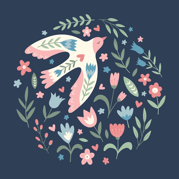 Flores de aves vectoriales hojas de bayas en estilo folclórico en forma de círculo Palomas de la paz