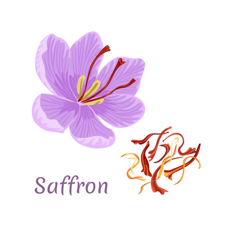 Vector flores de azafrán y hilos de azafarán secos de especias