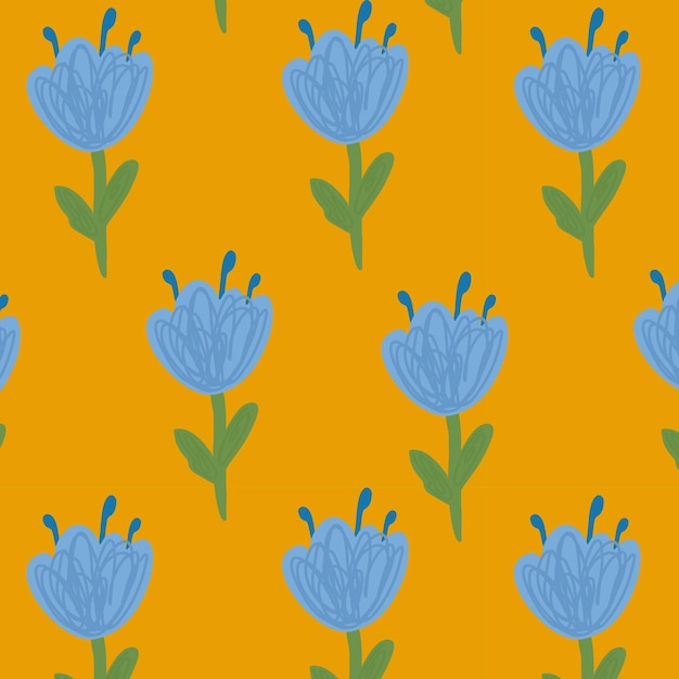 Flores azules aisladas sobre fondo amarillo Ilustración de vector de patrones sin fisuras florales dibujados a mano