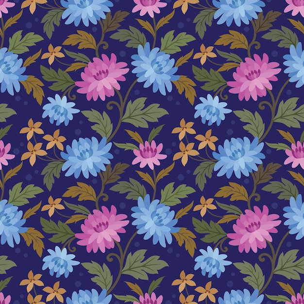 Flores azules y rosas sobre fondo de color azul oscuro para papel tapiz textil de tela
