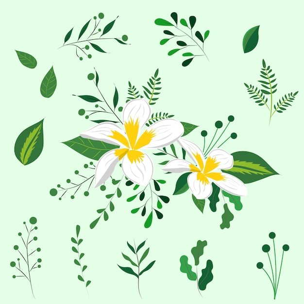 Flores blancas y hojas verdes arte vectorial