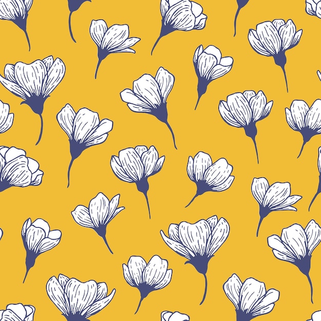 Flores blancas sobre fondo amarillo patrón de vector transparente