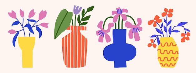 Flores brillantes en jarrones conjunto de ilustraciones vectoriales corte de papel de moda gráfico floral botánico plano
