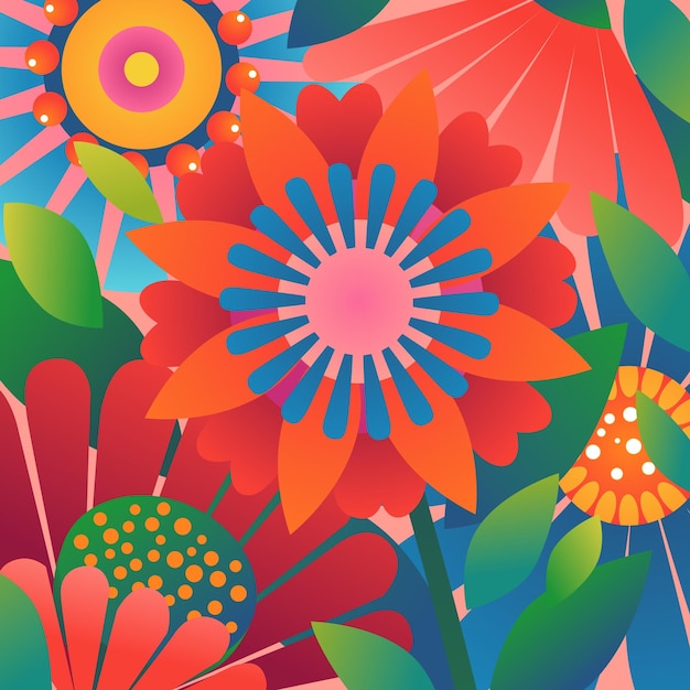 Flores brillantes de primavera con patrones de plantas con estilo gradiente