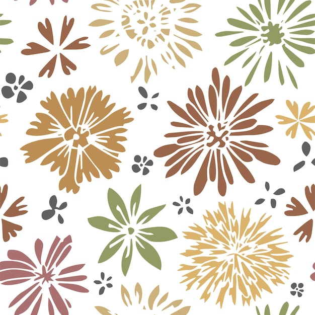 Flores con brotes y hojas, plantas de primavera y verano. flores silvestres en flor, florecimiento y botánica. patrón sin costuras, fondo o impresión, envoltura o papel tapiz, vector en estilo plano