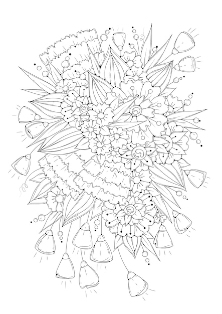 Flores y capullos en blanco y negro. página para colorear.