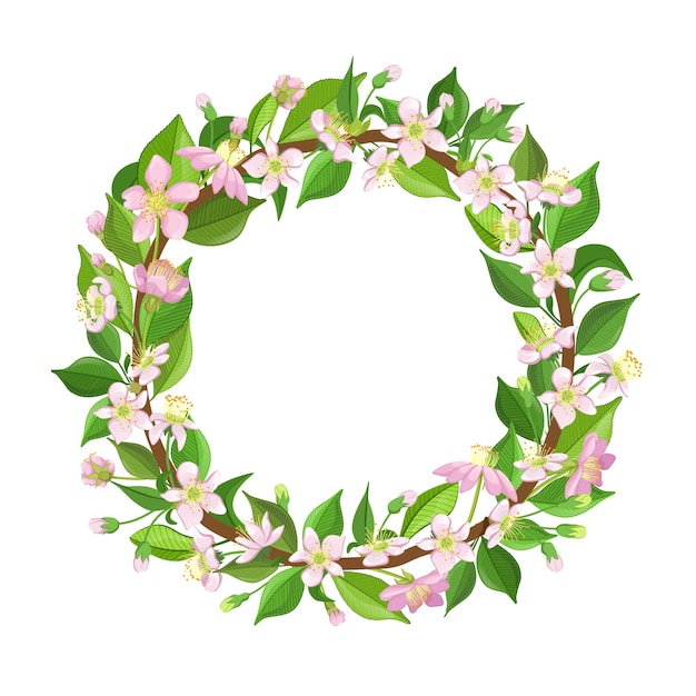Flores de cereza y hojas corona hermoso marco de floración diseño floral ilustración vectorial de dibujos animados