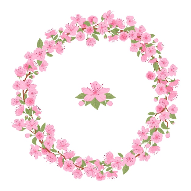 Las flores de cereza rosadas enmarcan la rama de la flor de la cereza corona redonda del árbol de la cereza japonés en flor enmarca una ilustración vectorial plana de la frontera de la flor de la cereza de primavera.