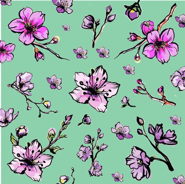 flores de cerezo en una ilustración de vector de fondo verde Sakura flor japonesa