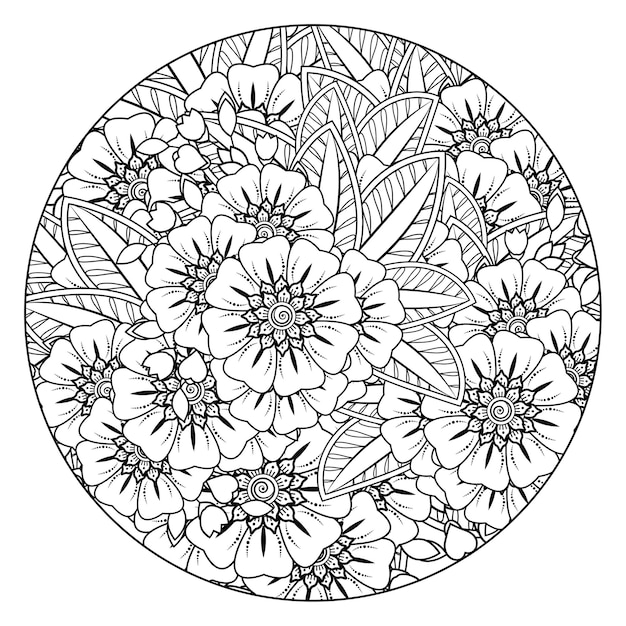 Flores de círculo de contorno en estilo mehndi para colorear página doodle adorno en dibujo a mano en blanco y negro