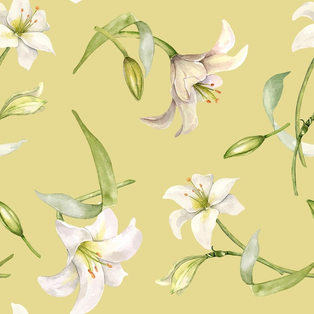 Flores de color pastel patrón sin costuras aislado en beige lirios blancos fondo acuarela telón de fondo con lilium y hojas diseño floral para invitación de boda bautismo tarjeta de Pascua textil