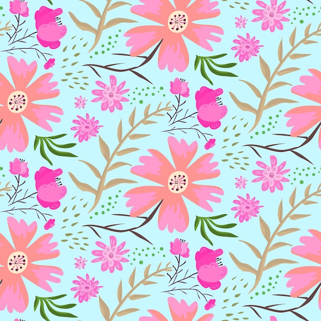 Vector flores de color rosa brillante doodle sobre fondo azul verano de patrones sin fisuras