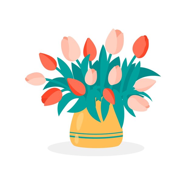 Flores de colores aisladas en jarrón sobre fondo blanco. ilustración vectorial