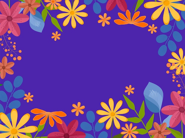 Flores de colores con hojas decoradas sobre fondo azul y copie el espacio.