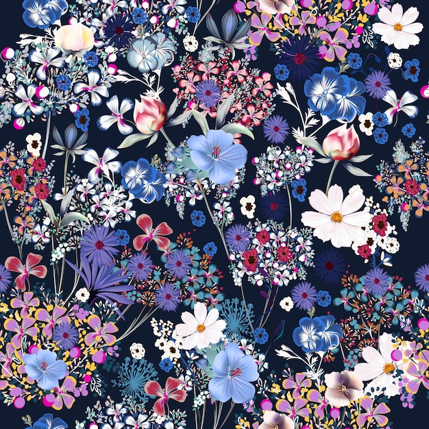 Flores de colores de patrones sin fisuras de vector de moda en la espalda azul marino