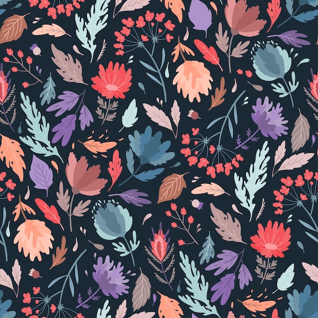 Flores de colores simples hojas de patrones sin fisuras sobre fondo oscuro Ilustración de vector floral