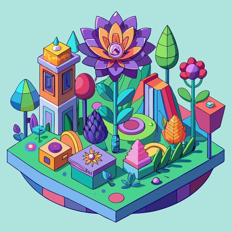 Vector flores coloridas dibujadas a mano en 3d en el jardín ilustración de la naturaleza brillante