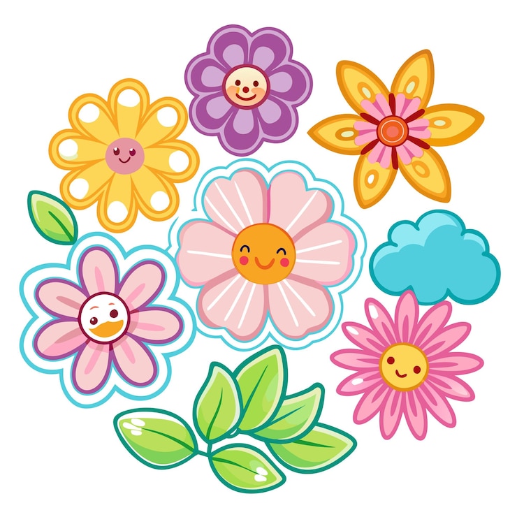 Vector flores coloridas de dibujos animados con caras sonrientes