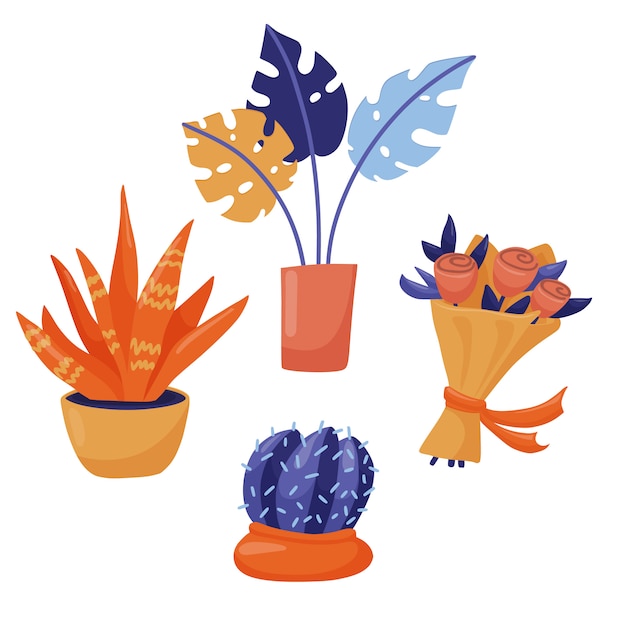 Vector flores como regalo: ramo de rosas, planta de interior de monstera, cactus en maceta y estilo plano suculento y lindo