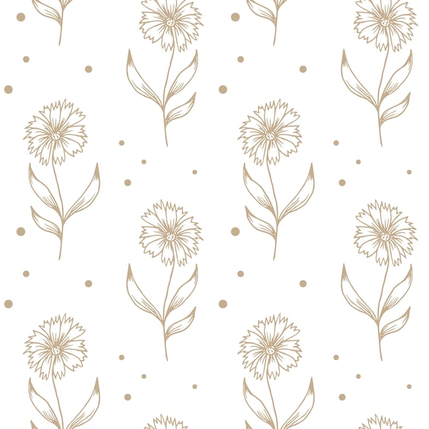 Flores de contorno dibujadas a mano de patrones sin fisuras en estilo garabato colores blancos beige imprimir