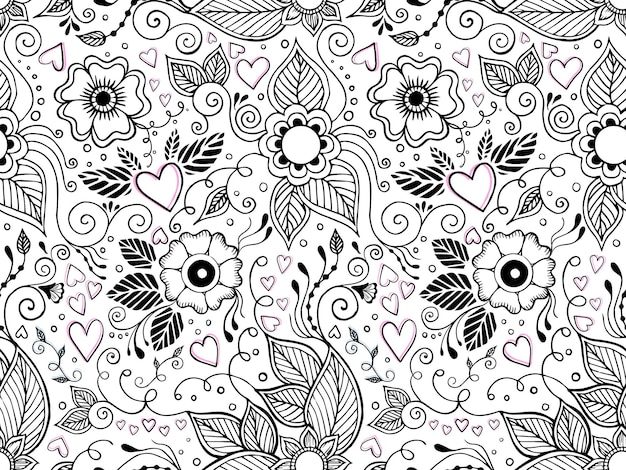 Vector flores y corazones dibujados a mano patrón sin costuras en estilo doodle oriental