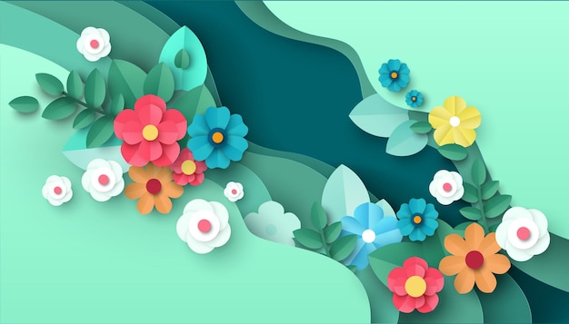 Flores cortadas en papel y hojas Fondo de primavera Ilustración de vector de plantilla de volante de cartel floral banner