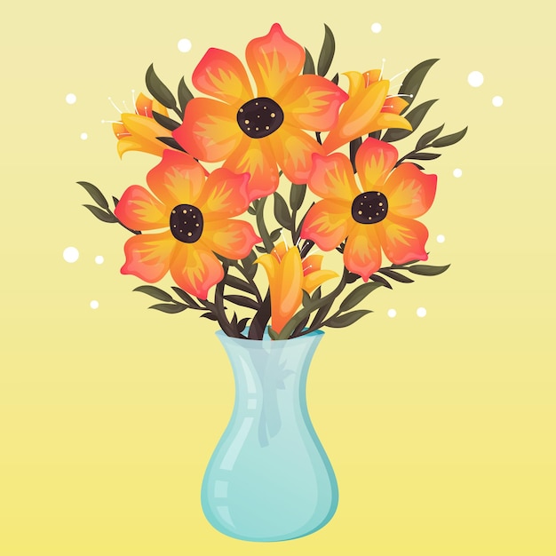 Flores degradadas brillantes de color naranja primavera con hojas en un jarrón Tarjeta linda de primavera con flores