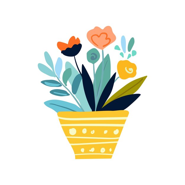 Flores delicadas minimalistas en el estilo folclórico de la olla amarilla