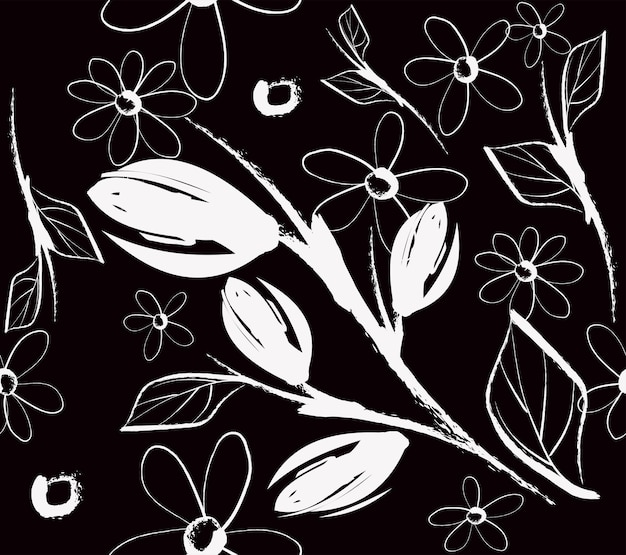 flores dibujadas a mano Flores y hojas dibujadas á mano Patrón de pincel Abstracto Flores de tinta negra