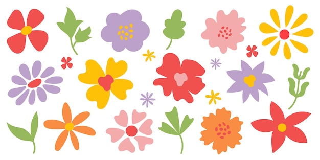 Flores dibujadas a mano Flores de primavera bonitas Colección de flores dibujadas á mano en un estilo plano moderno Flores y hojas abstractas brillantes Elementos botánicos decorativos para impresiones telas y diseños