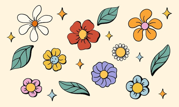 Flores dibujadas a mano set 70s estilo hippie colores elementos de diseño floral de vector simple