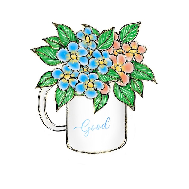 Flores dibujadas a mano en una taza blanca azul y rosa.