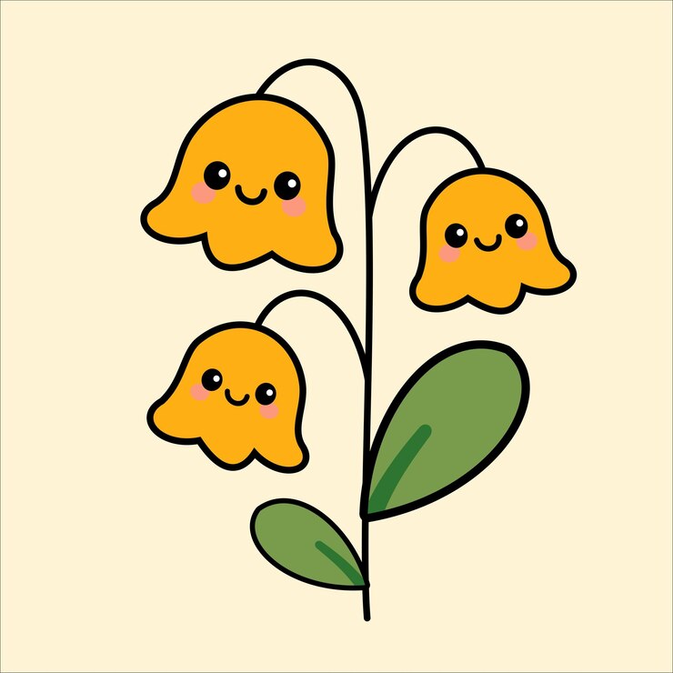 Flores de dibujos animados con caras sonrientes y hojas verdes