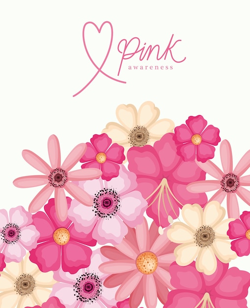 Vector flores de diseño de conciencia rosa, cáncer de mama y tema de campaña.