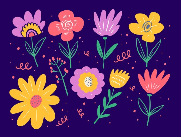 Flores establecer estilo de dibujos animados de color aislado sobre fondo violeta.